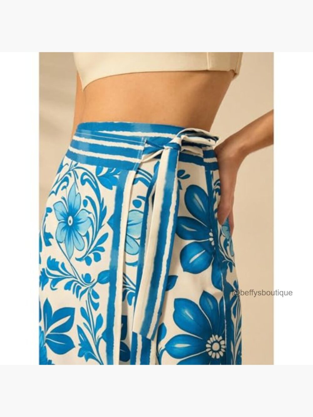 Floral Wrap Midi Skirt High Waist A-Line Boho Flared Side Tie - Picture 6 of 7
